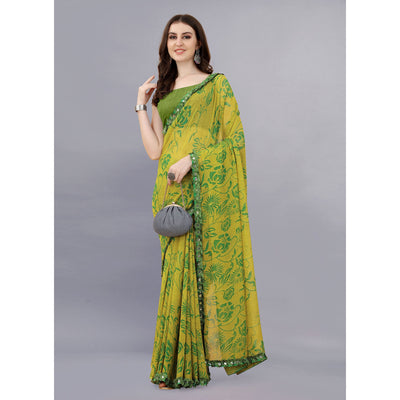 Lemon Green Floral Printed Georgette Saree