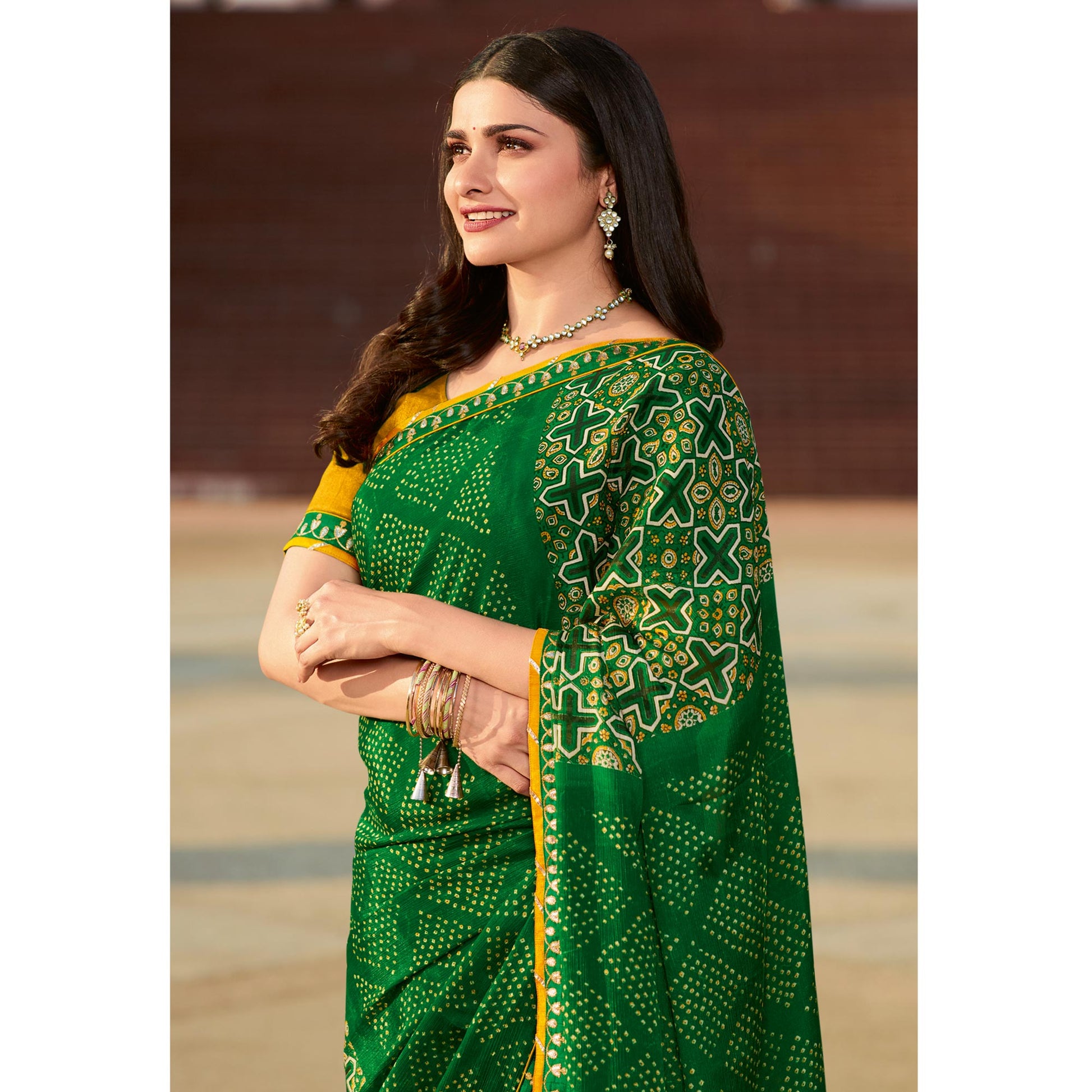 green-bhandhani-printed-chiffon-saree