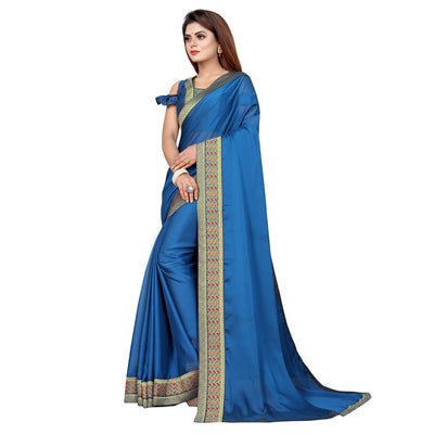Blue Solid With Woven Border Vichitra Silk Saree