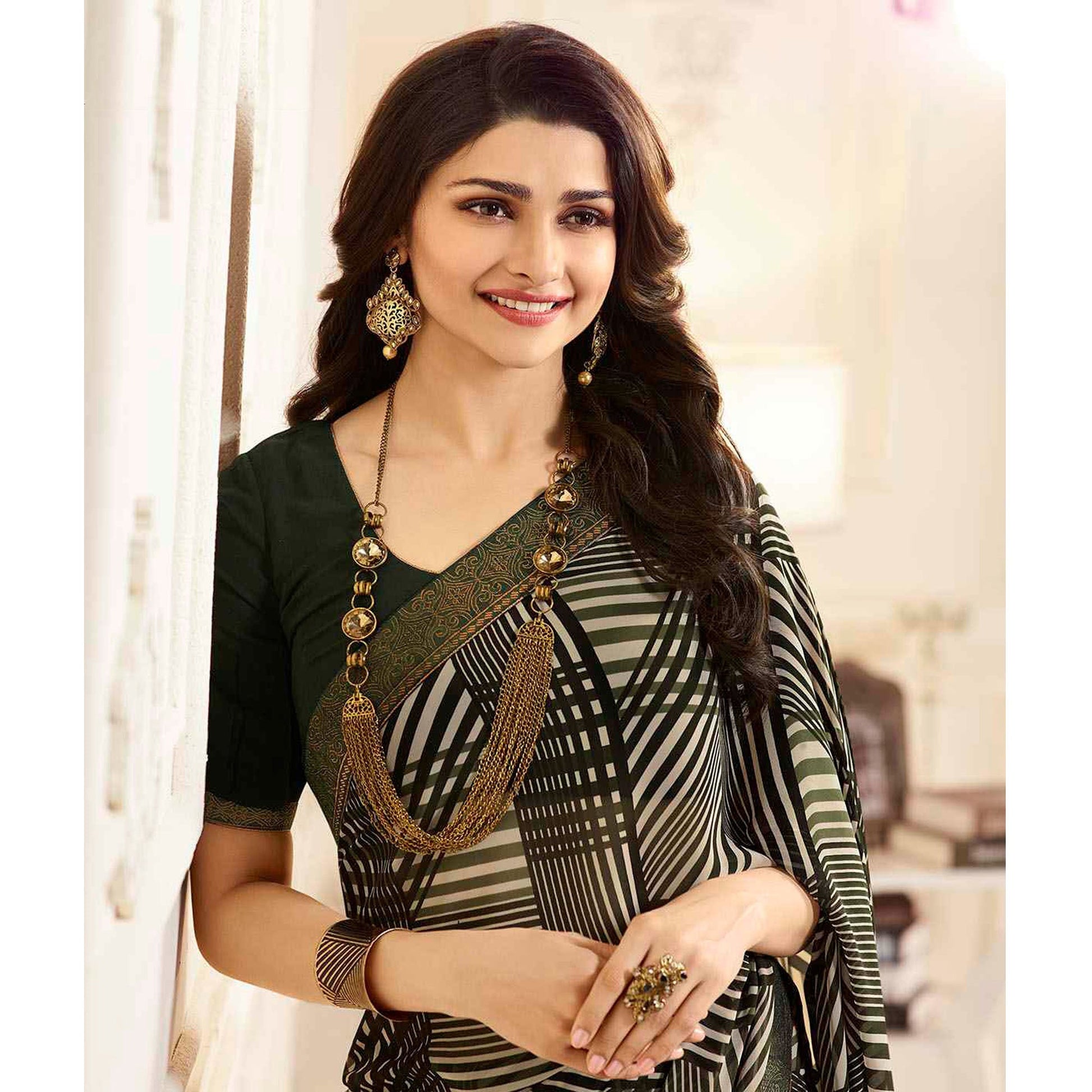 Mehandi Green Printed Georgette Saree With Lace Border