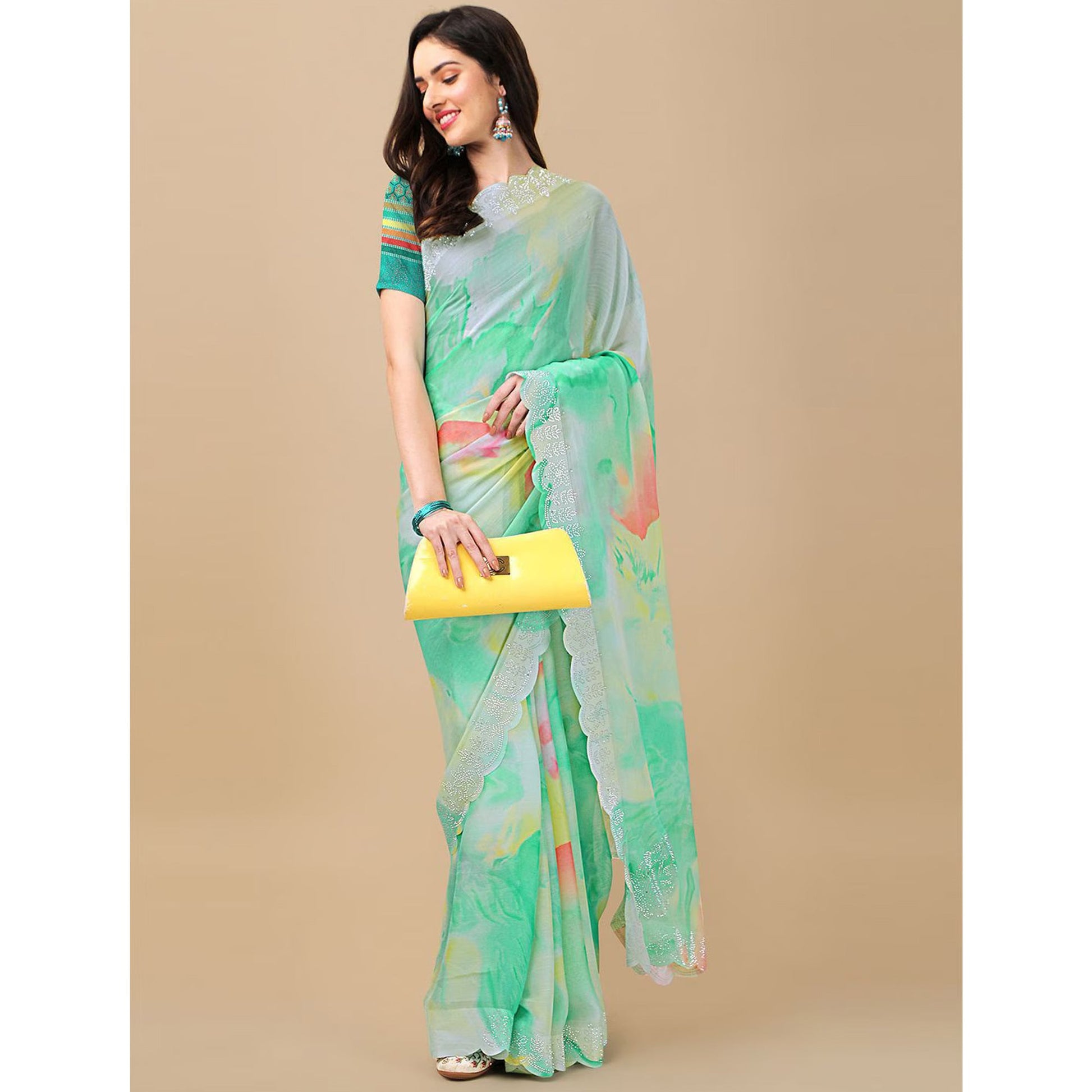 Light Green Printed With Swarovski Work Chiffon Saree