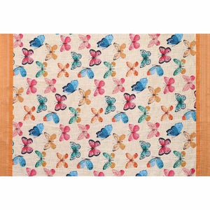 Cream & Orange Digital Floral Printed Linen Saree