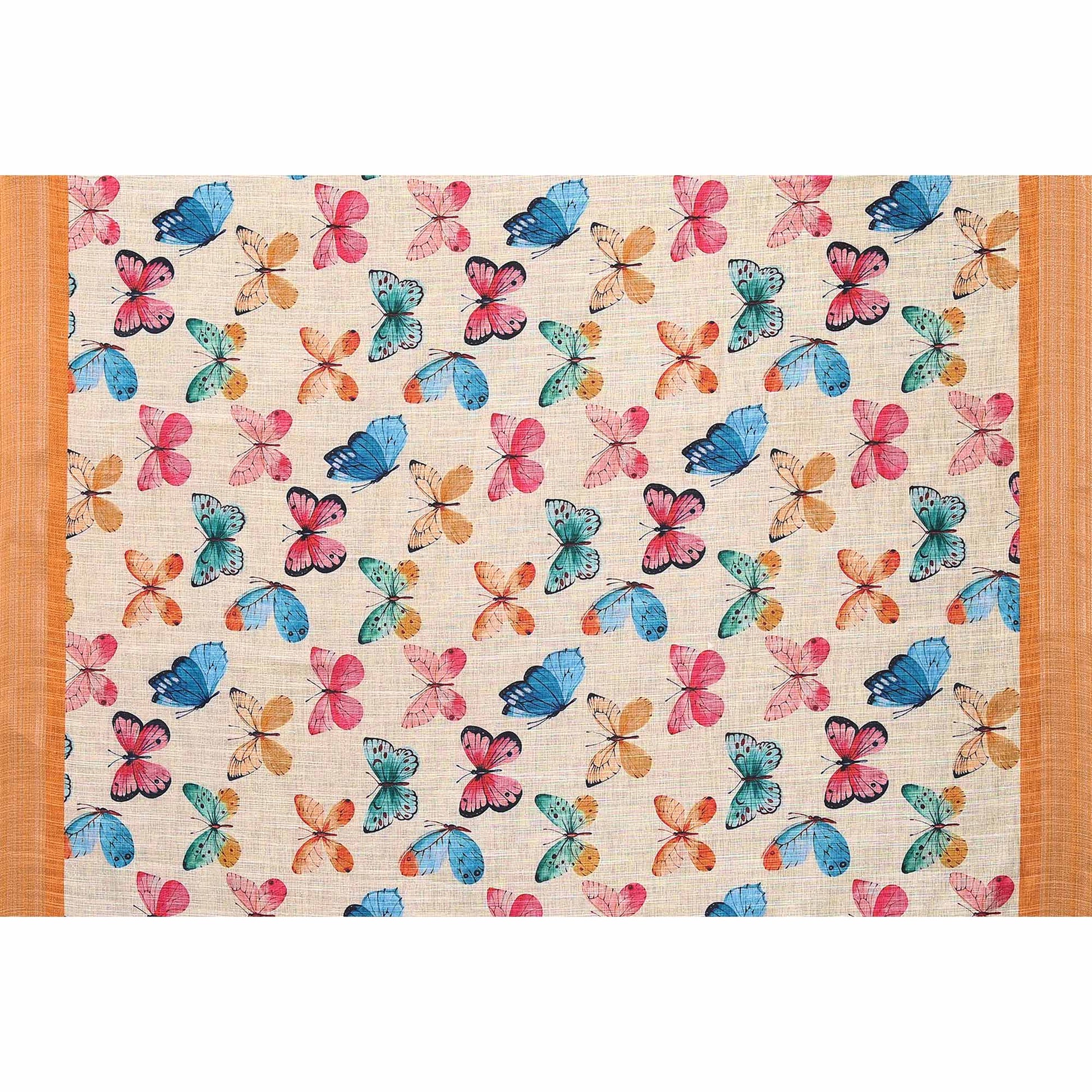 Cream & Orange Digital Floral Printed Linen Saree