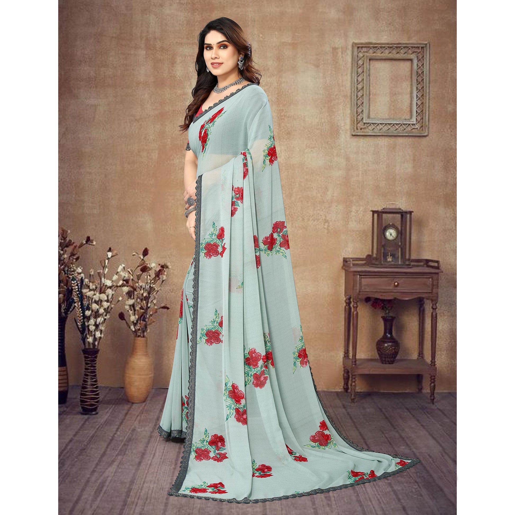 grey-floral-printed-georgette-saree-with-lace-border