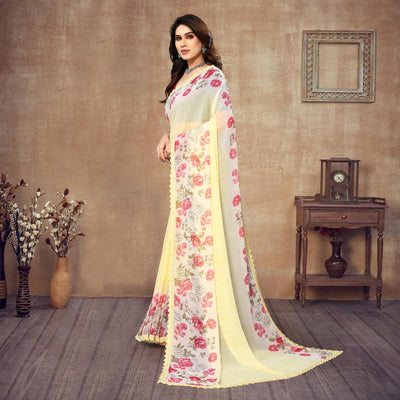 Light Yellow Floral Printed Georgette Saree With Lace Border