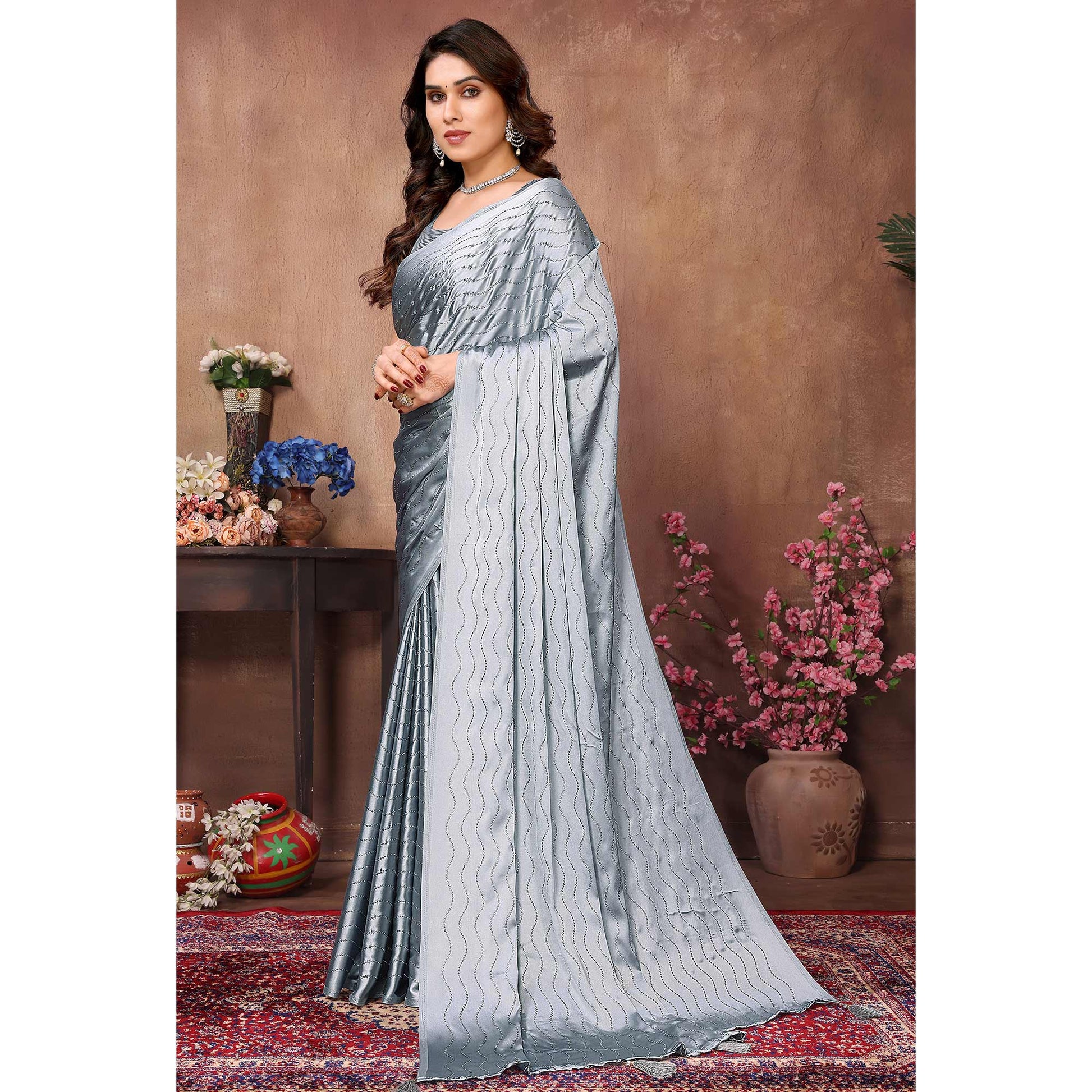 grey-mukaish-work-satin-saree-with-tassels