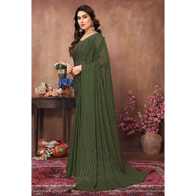 Mehendi Green Mukaish Work Silk Saree With Tassels