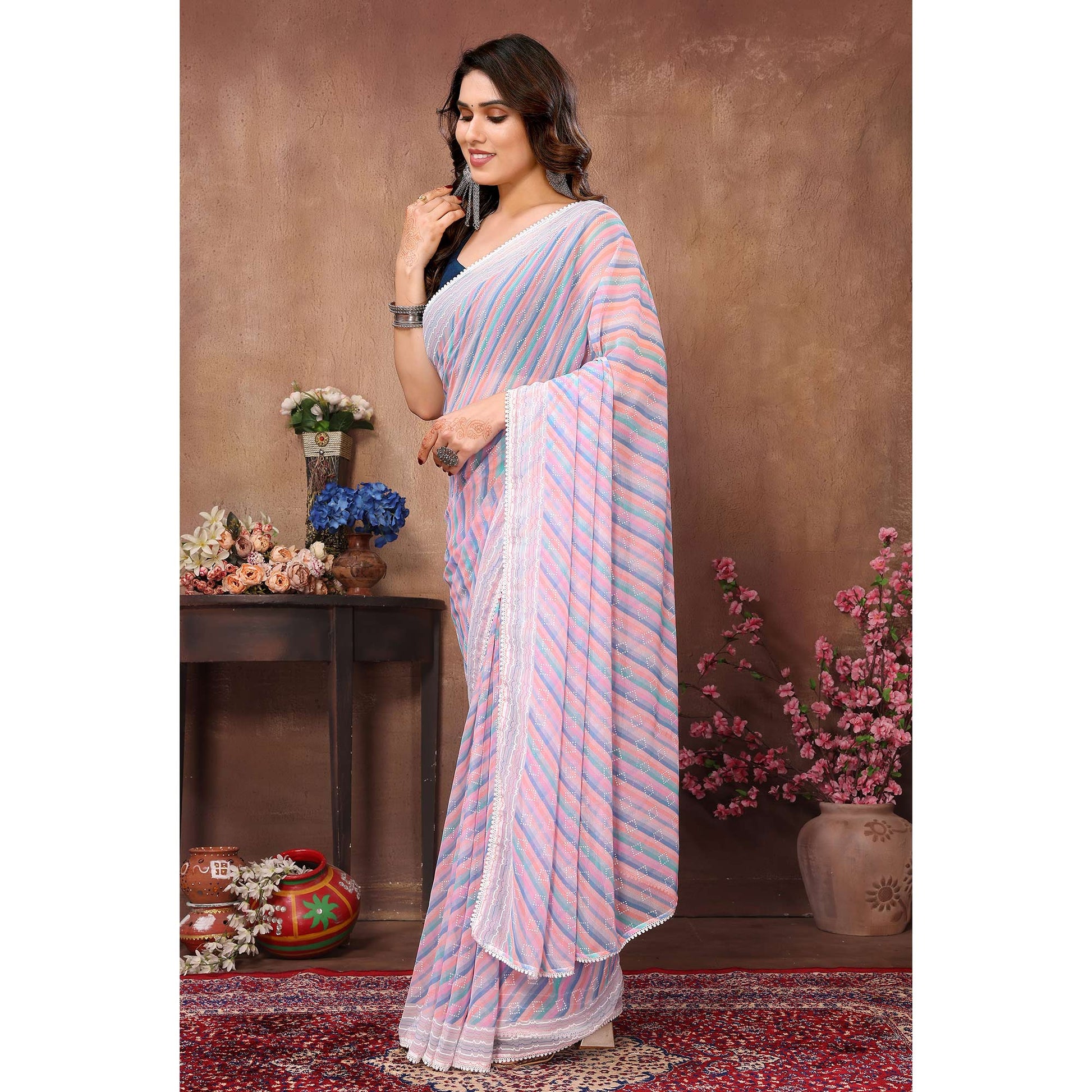 Lavender Printed Striped Printed Ready To Wear Georgette Saree
