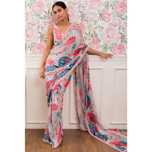 Light Blue Digital Printed Georgette Saree