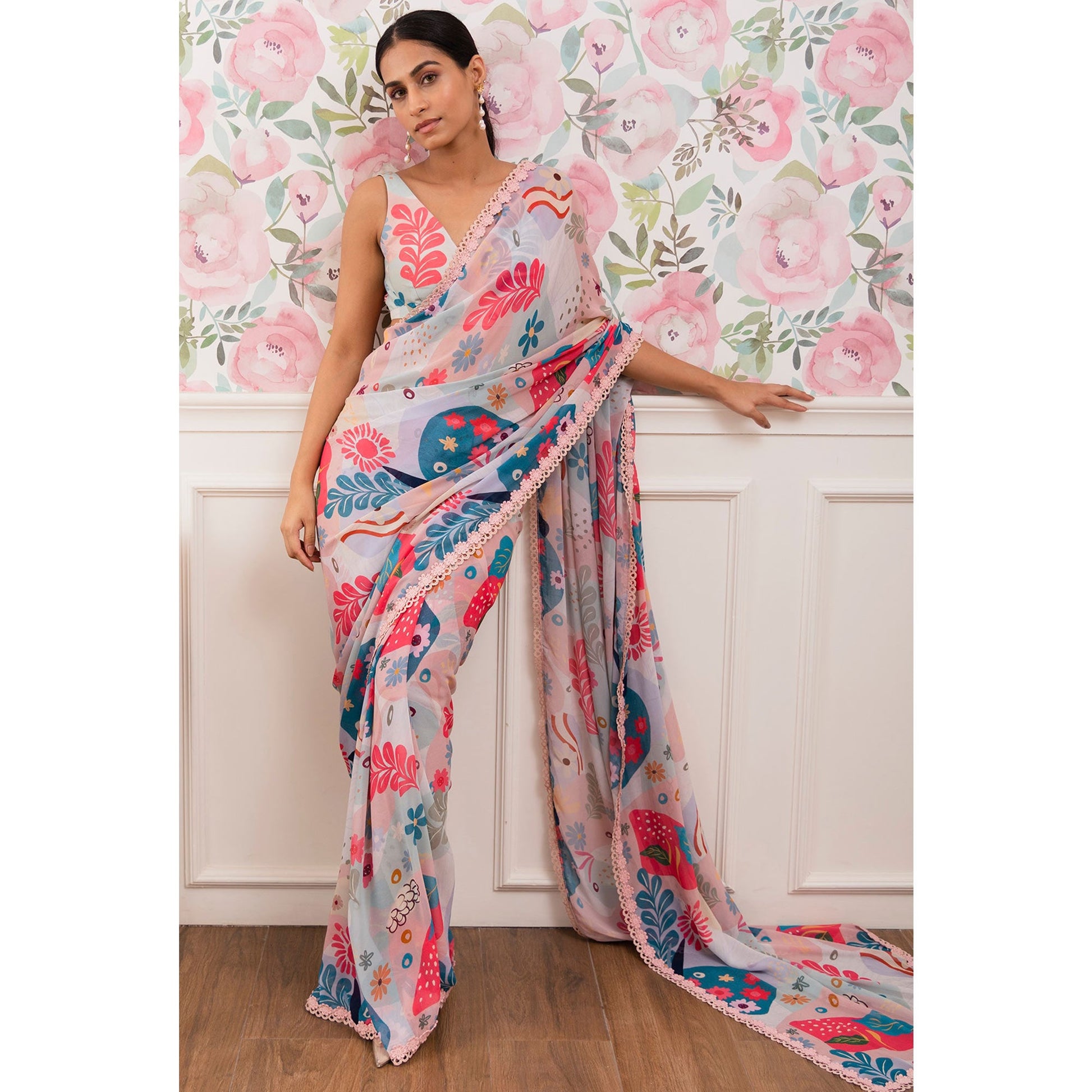 Light Blue Digital Printed Georgette Saree