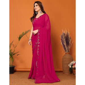 Dark Pink Embellished Georgette Saree With Mirror Work