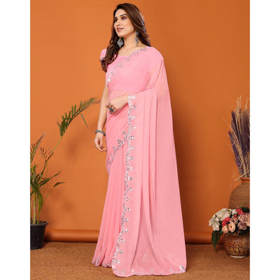 Light Pink Embellished Georgette Saree With Mirror Work