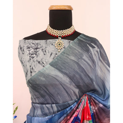 Multicolor Digital Printed Chinon Saree