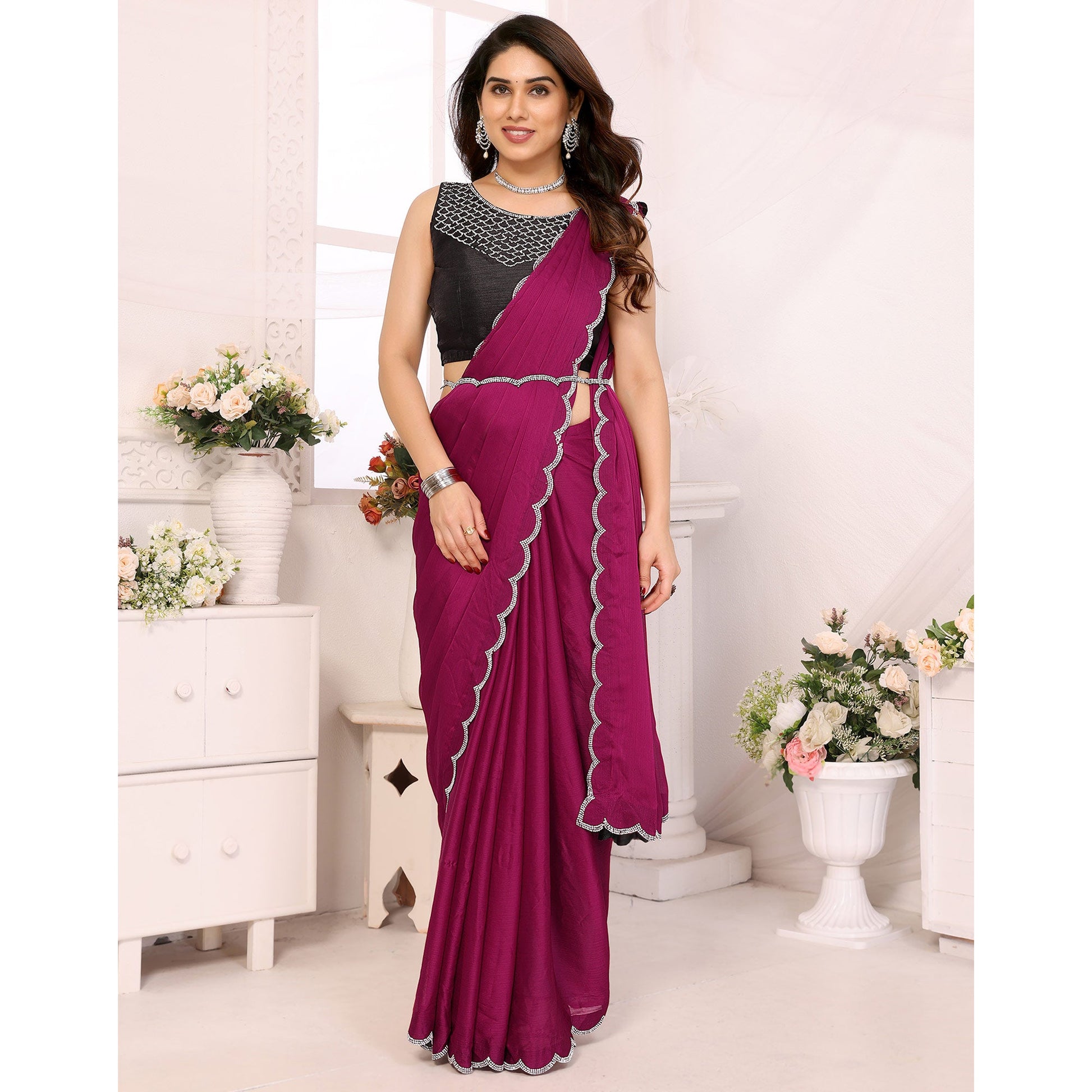 Magenta Solid Chiffon Saree With Stone Work Border