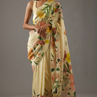 Cream Floral Printed Chiffon Saree