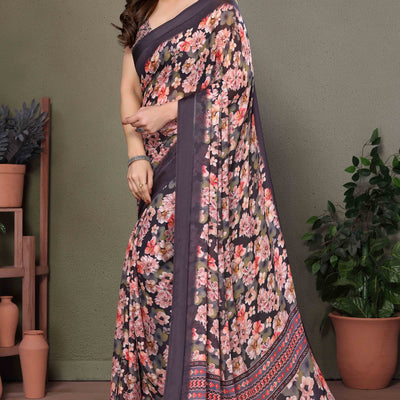 Brown Floral Printed Chiffon Saree