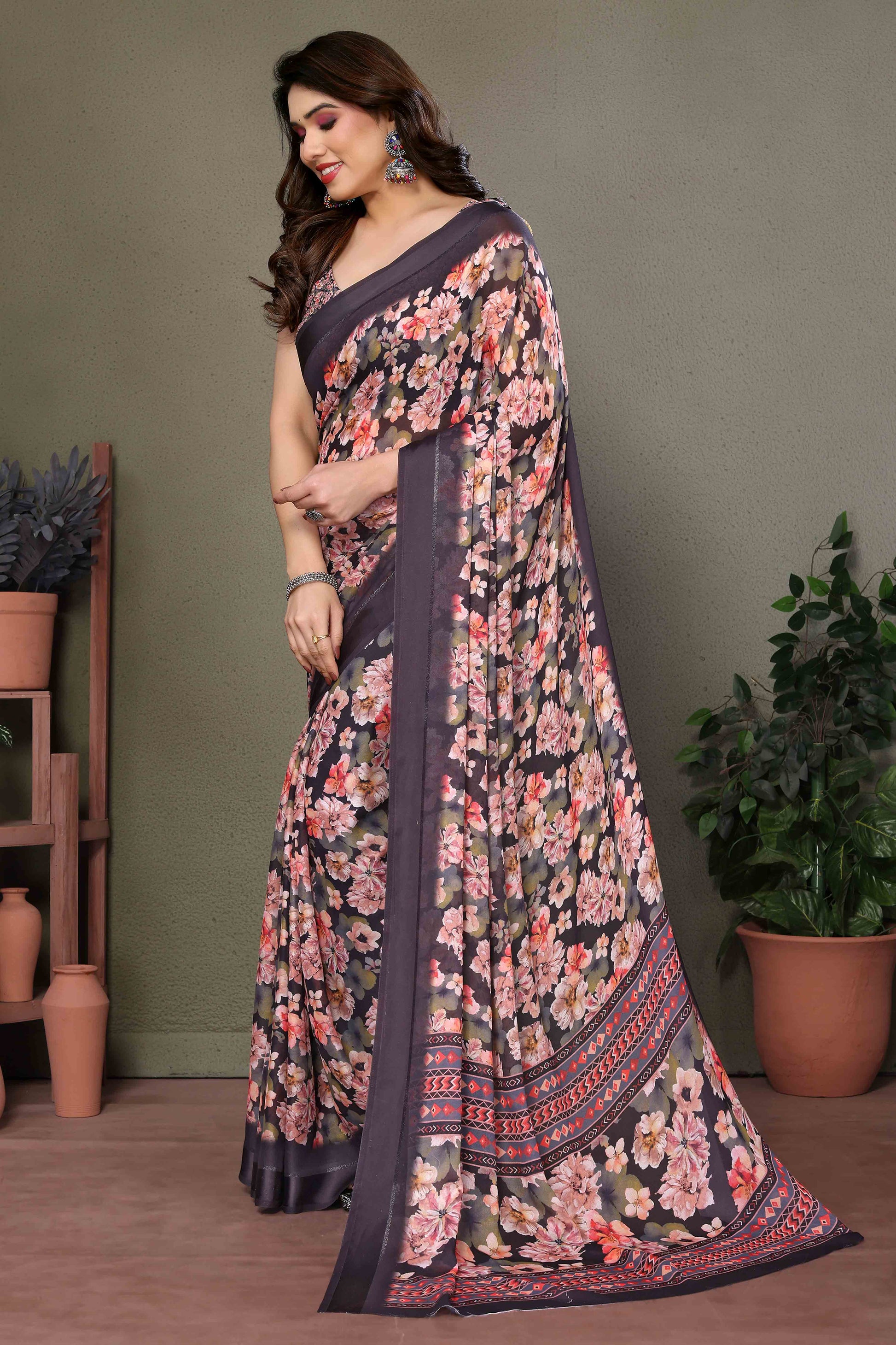 Brown Floral Printed Chiffon Saree