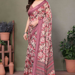Mauve Floral Printed Chiffon Saree