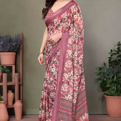 Mauve Floral Printed Chiffon Saree