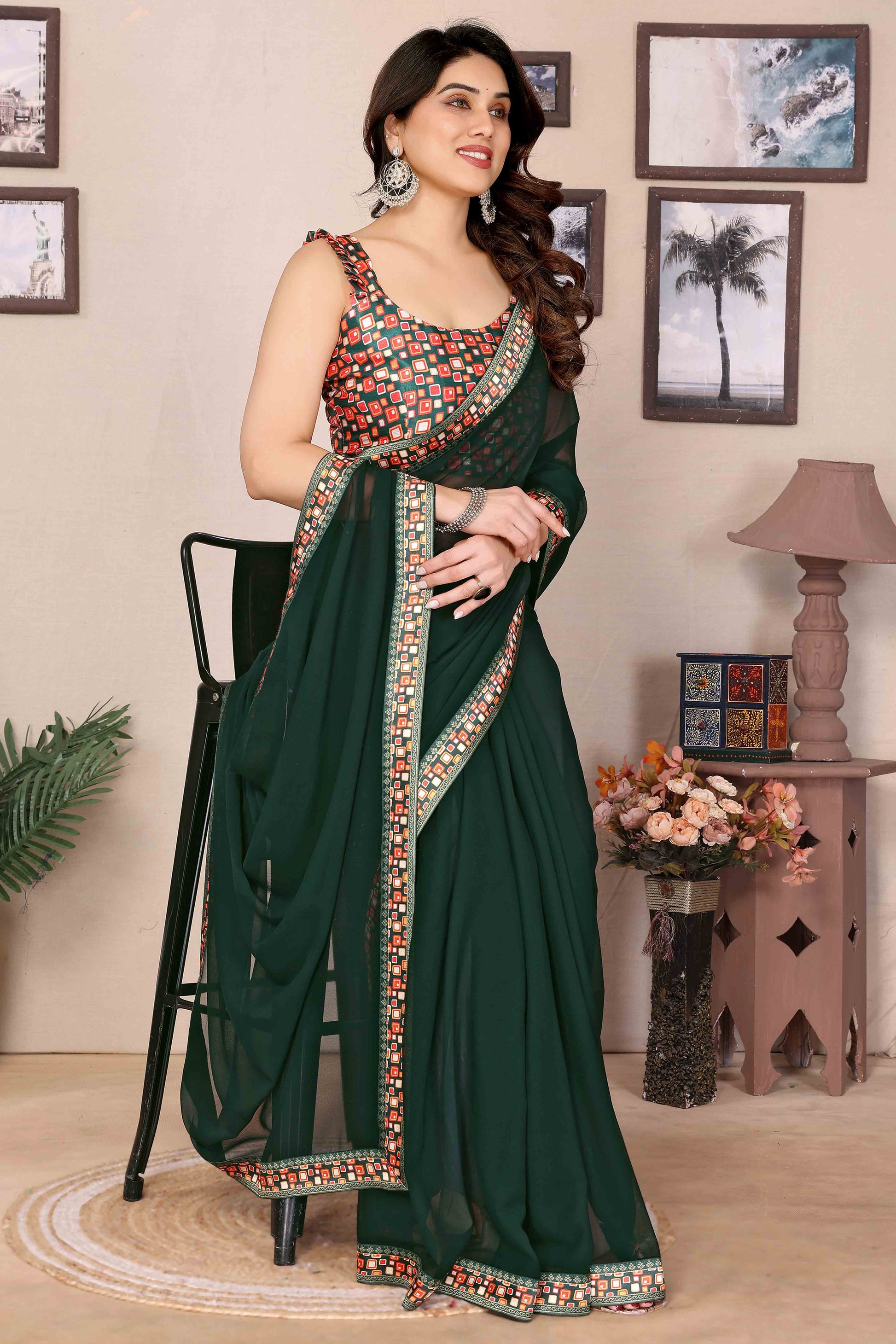 green-solid-georgette-saree-with-printed-border