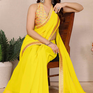 Lemon Yellow Solid Georgette Saree With Printed Border