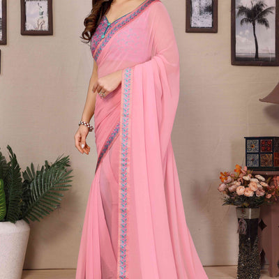 Light Pink Solid Georgette Saree With Printed Border