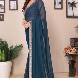 Morpich Blue Solid Georgette Saree With Printed Border