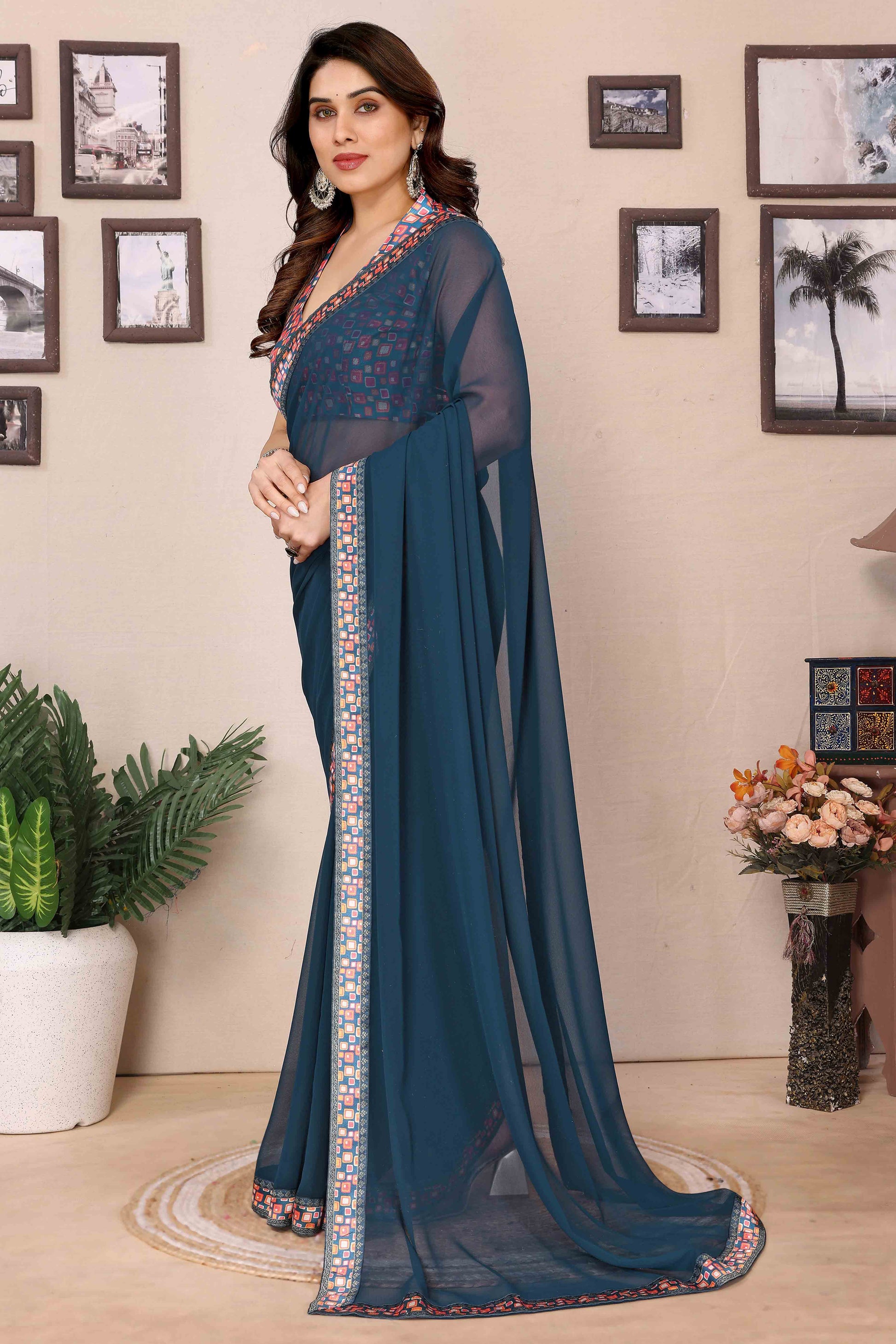 Morpich Blue Solid Georgette Saree With Printed Border