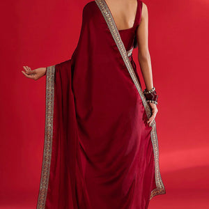 Maroon Solid With Embellished Bordered Chiffon Sarees