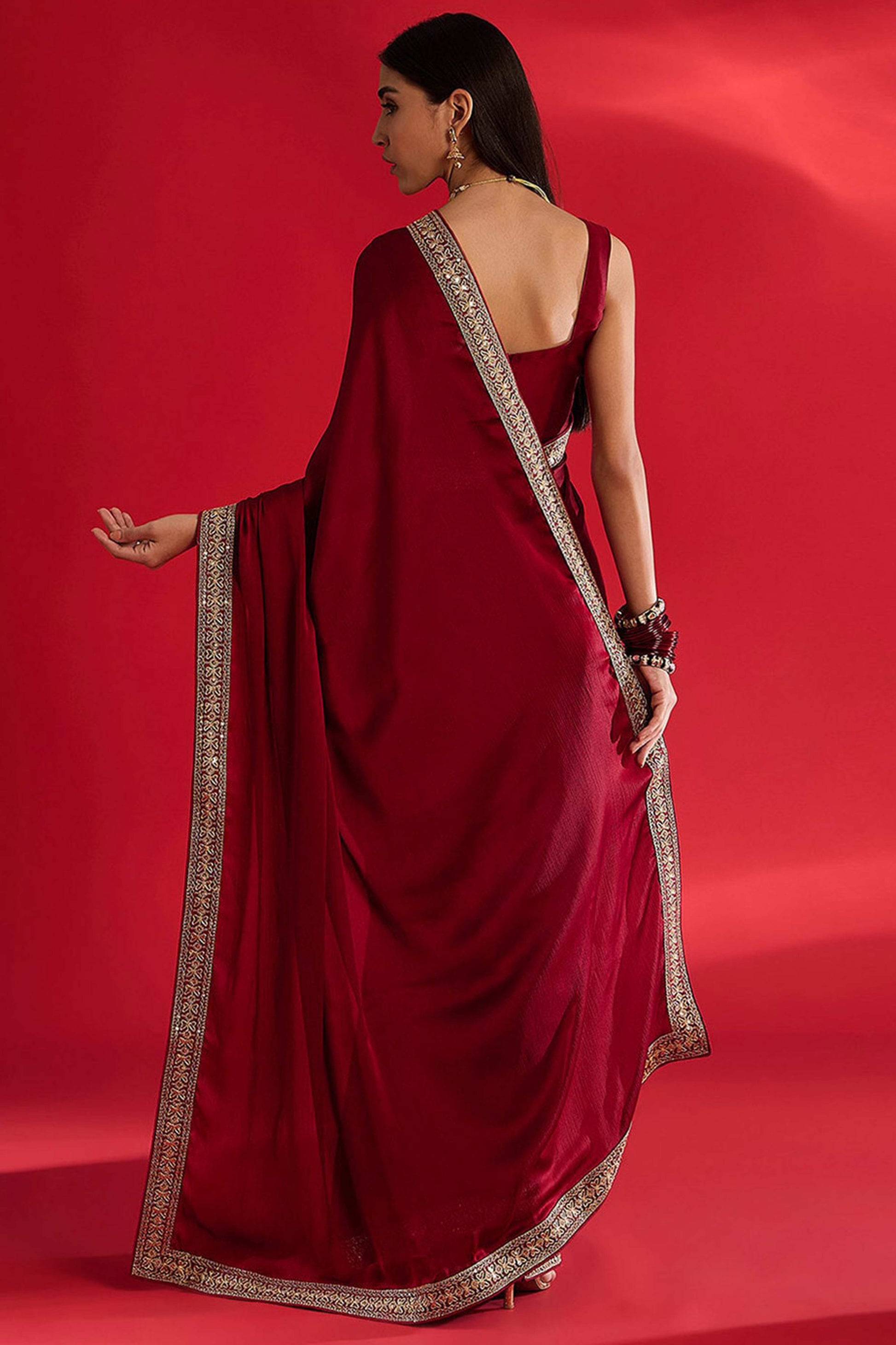 Maroon Solid With Embellished Bordered Chiffon Sarees