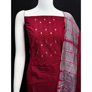 Maroon Floral Embroidered Viscose Dress Material