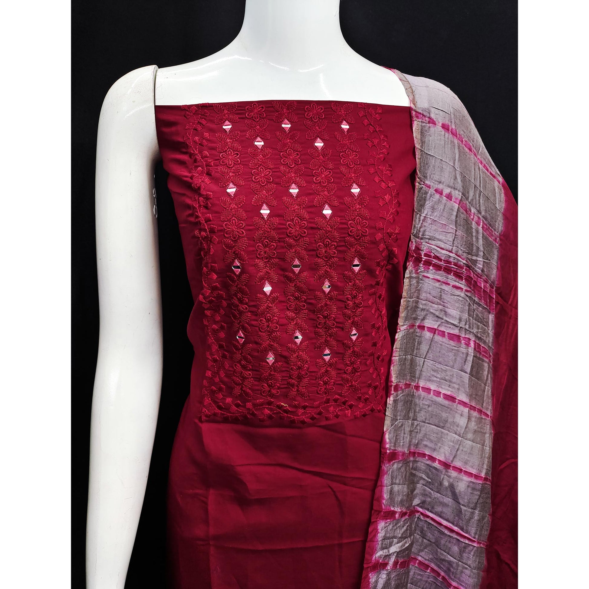 Maroon Floral Embroidered Viscose Dress Material
