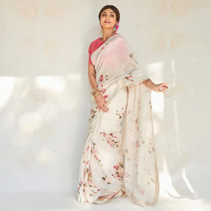 Cream & Pink Floral Digital Printed Linen Saree