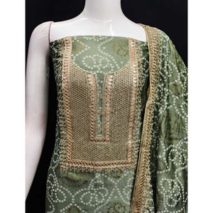 Mehendi Green Bandhani Printed With Embroidered Vichitra Silk Dress Material