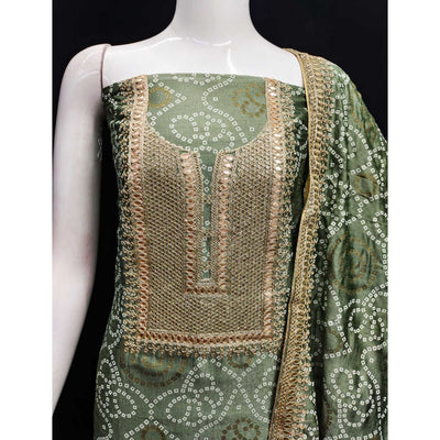 Mehendi Green Bandhani Printed With Embroidered Vichitra Silk Dress Material