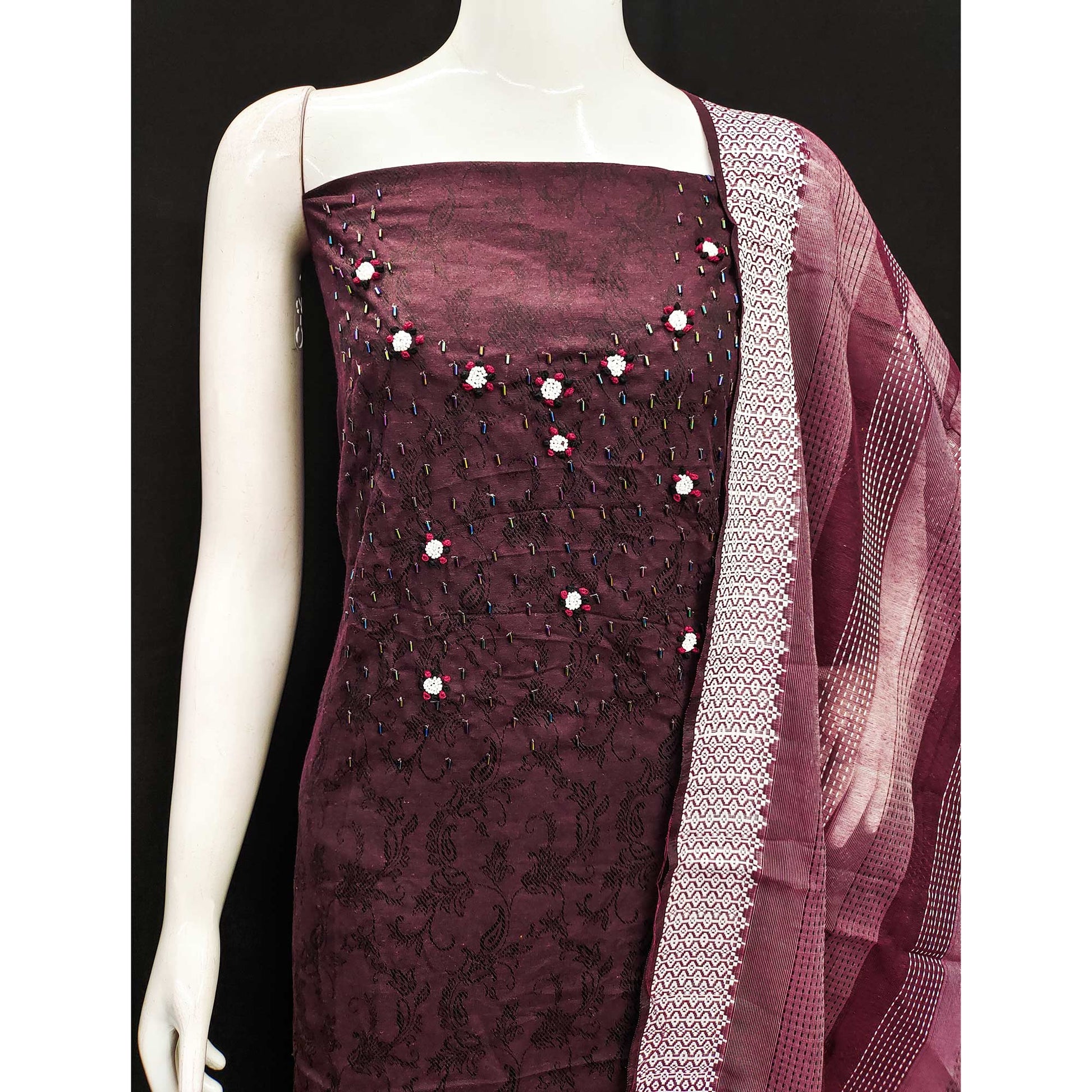 Maroon Embroidered Pure Cotton Dress Material