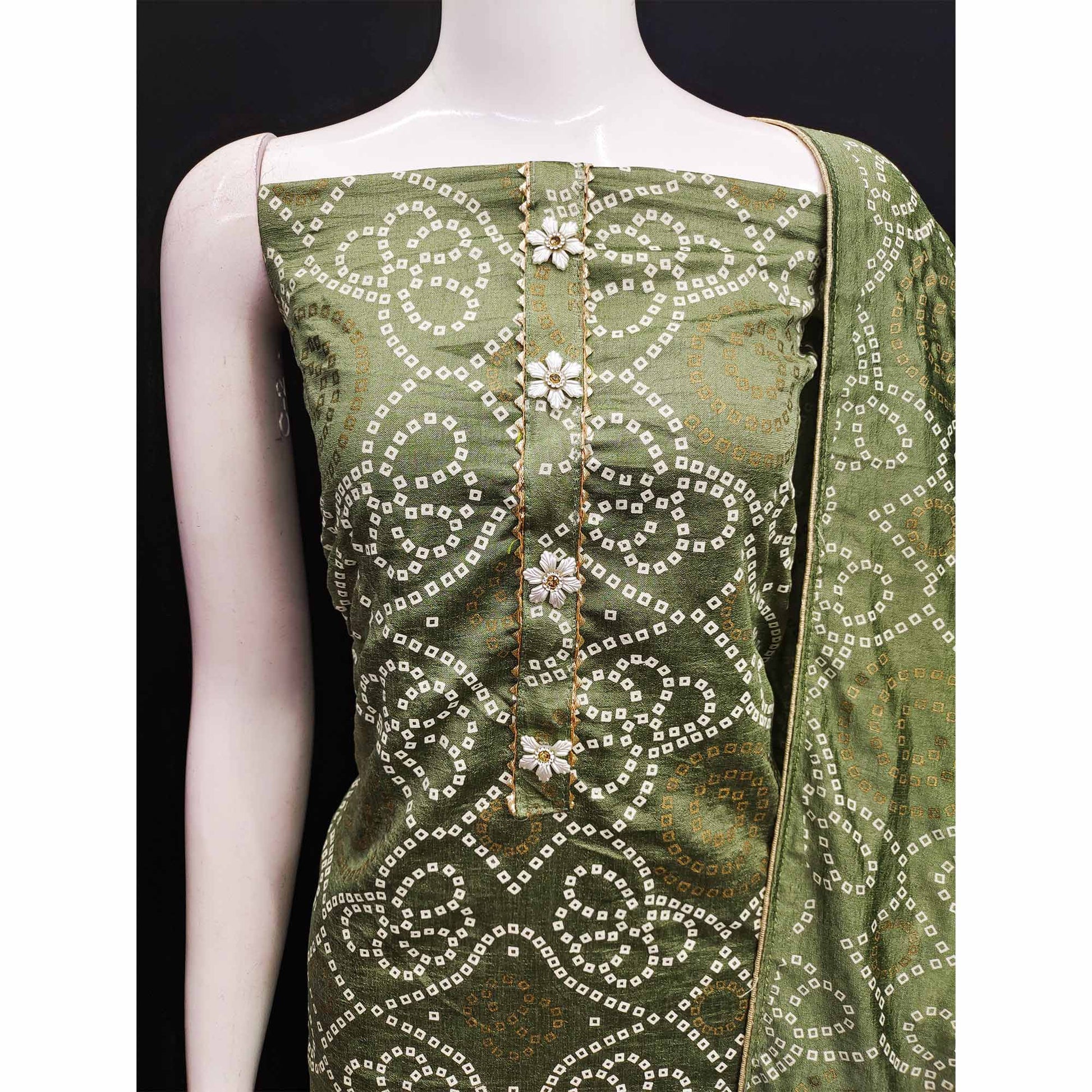 Mehandi Green Bandhani Printed Vichitra Silk Dress Material