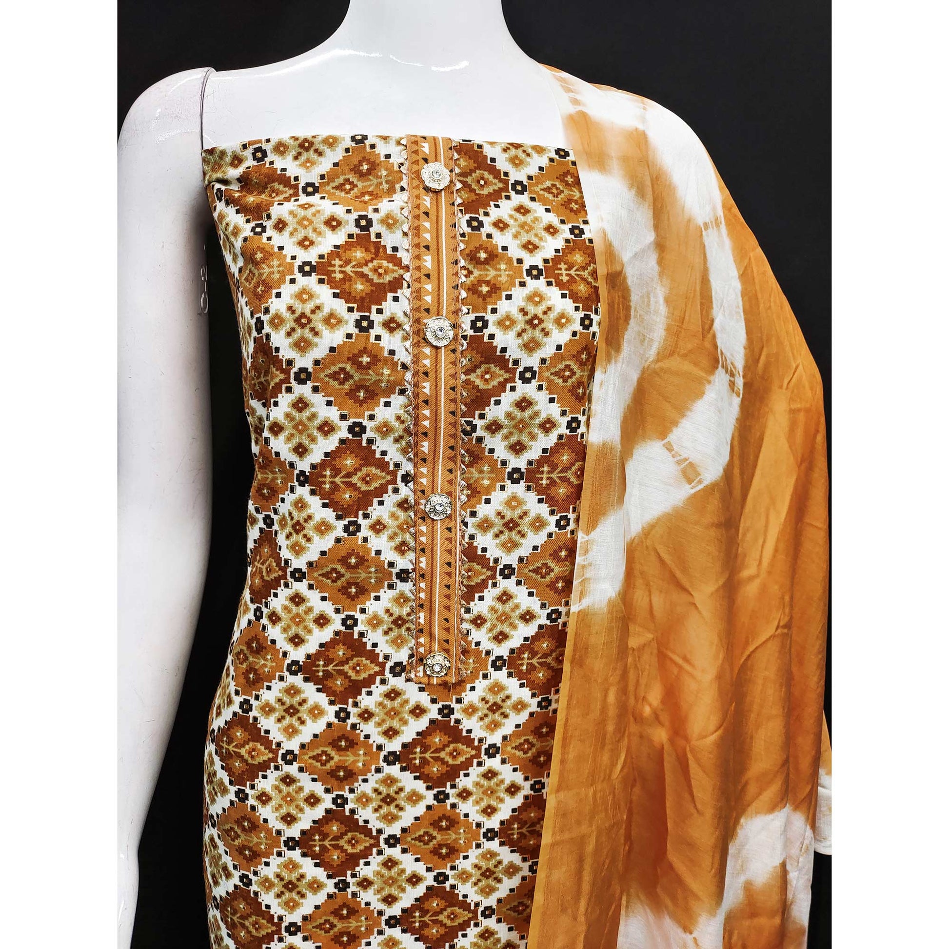 Chikoo Foil Printed Cotton Blend Dress Material