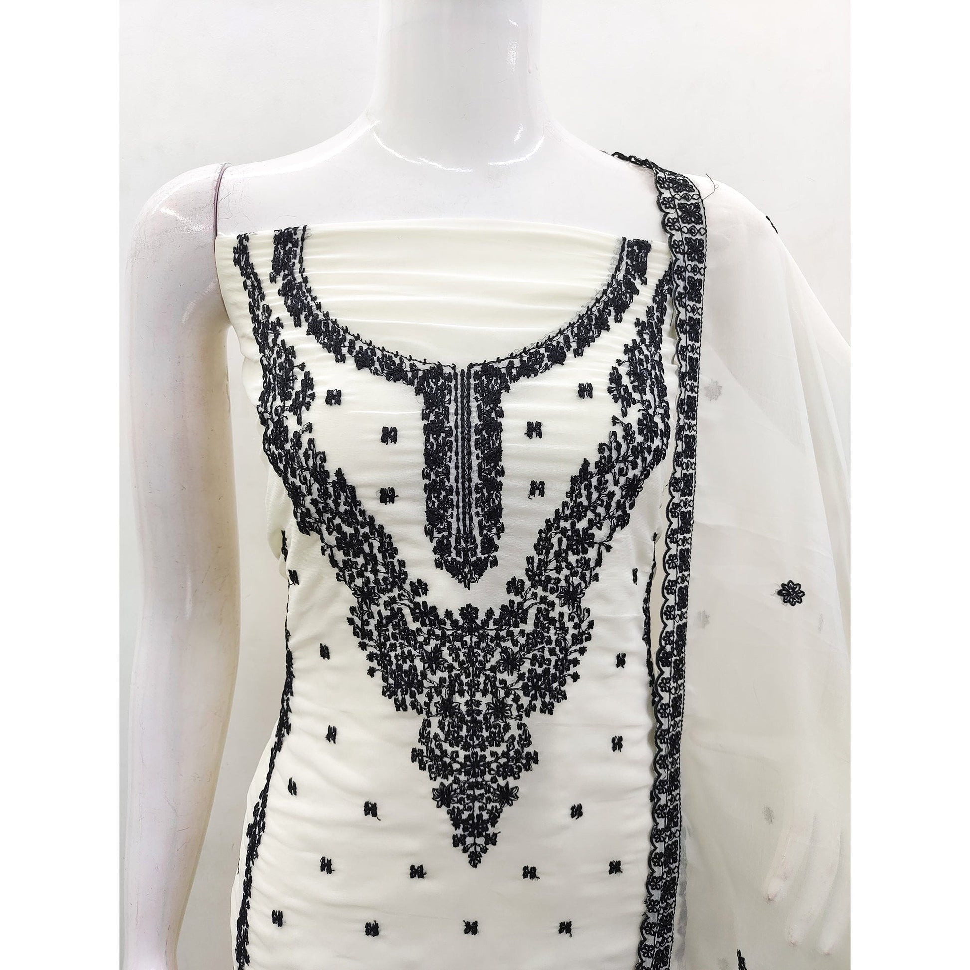 Cream Floral Embroidered Georgette Dress Material