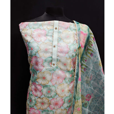 Light Turquoise Floral Printed Organza Dress Material
