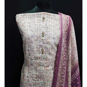 Cream Floral Printed Linen Dress Material