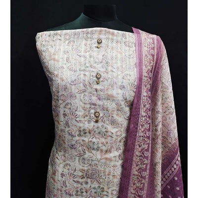 Cream Floral Printed Linen Dress Material