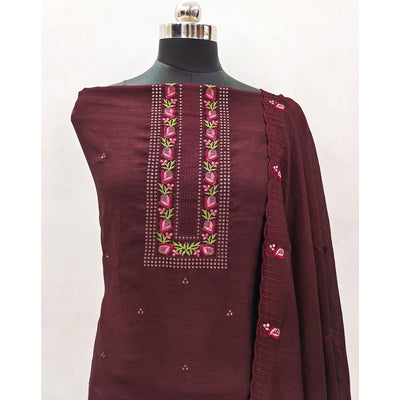 Brown Embroidered Vichitra Silk Dress Material