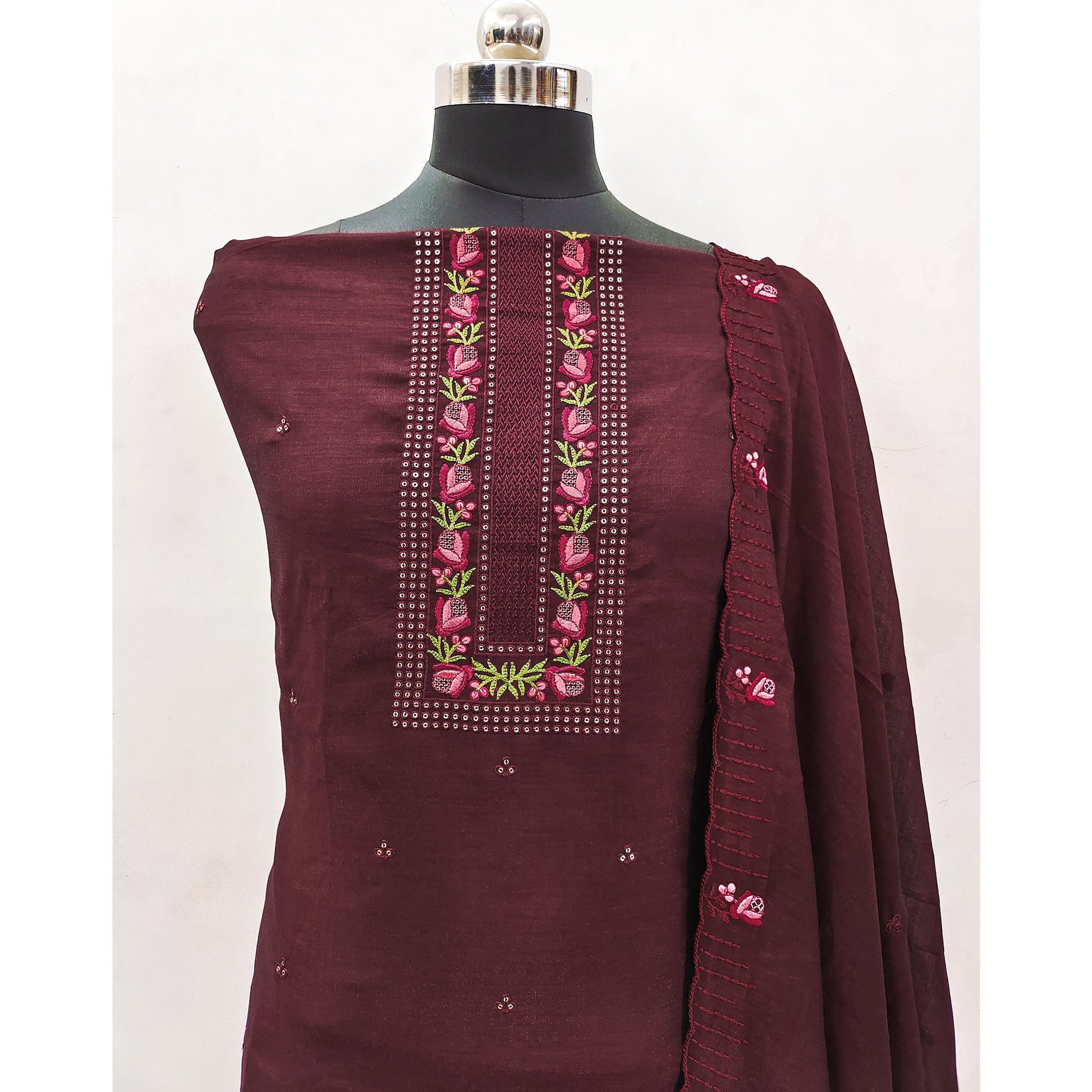 Brown Embroidered Vichitra Silk Dress Material