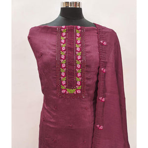 Dark Mauve Embroidered Vichitra Silk Dress Material