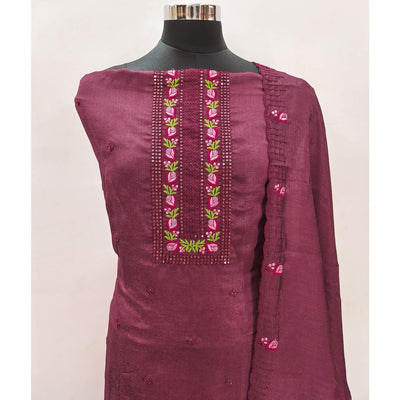 Dark Mauve Embroidered Vichitra Silk Dress Material