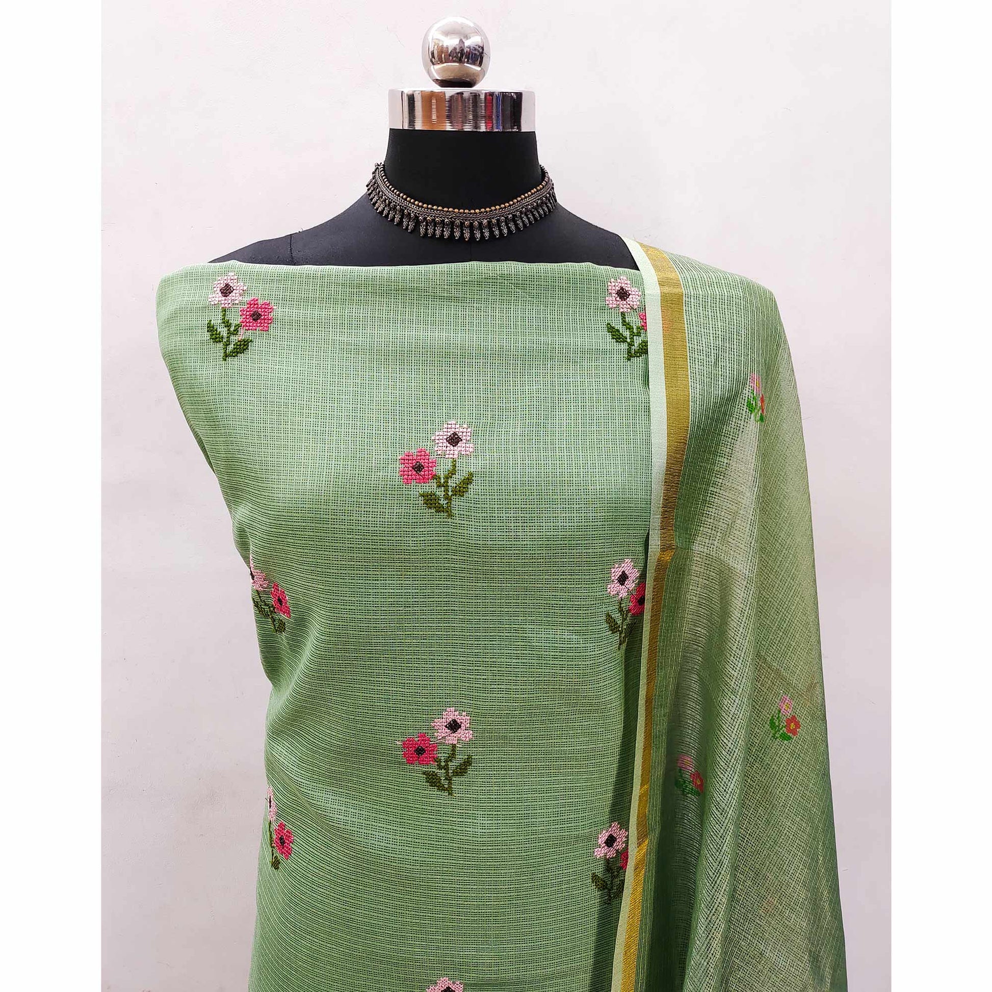 green-floral-embroidered-kota-doria-dress-material-3