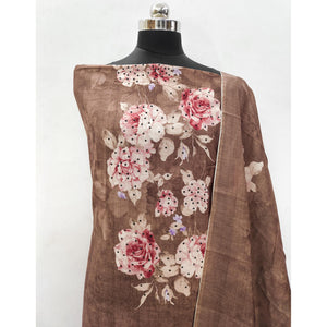 Brown Floral Printed Chanderi Dress Material