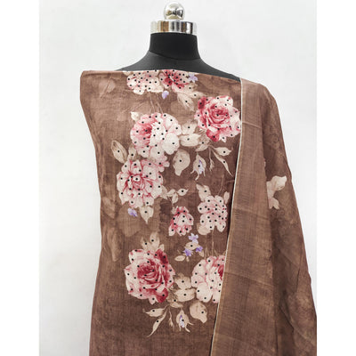Brown Floral Printed Chanderi Dress Material