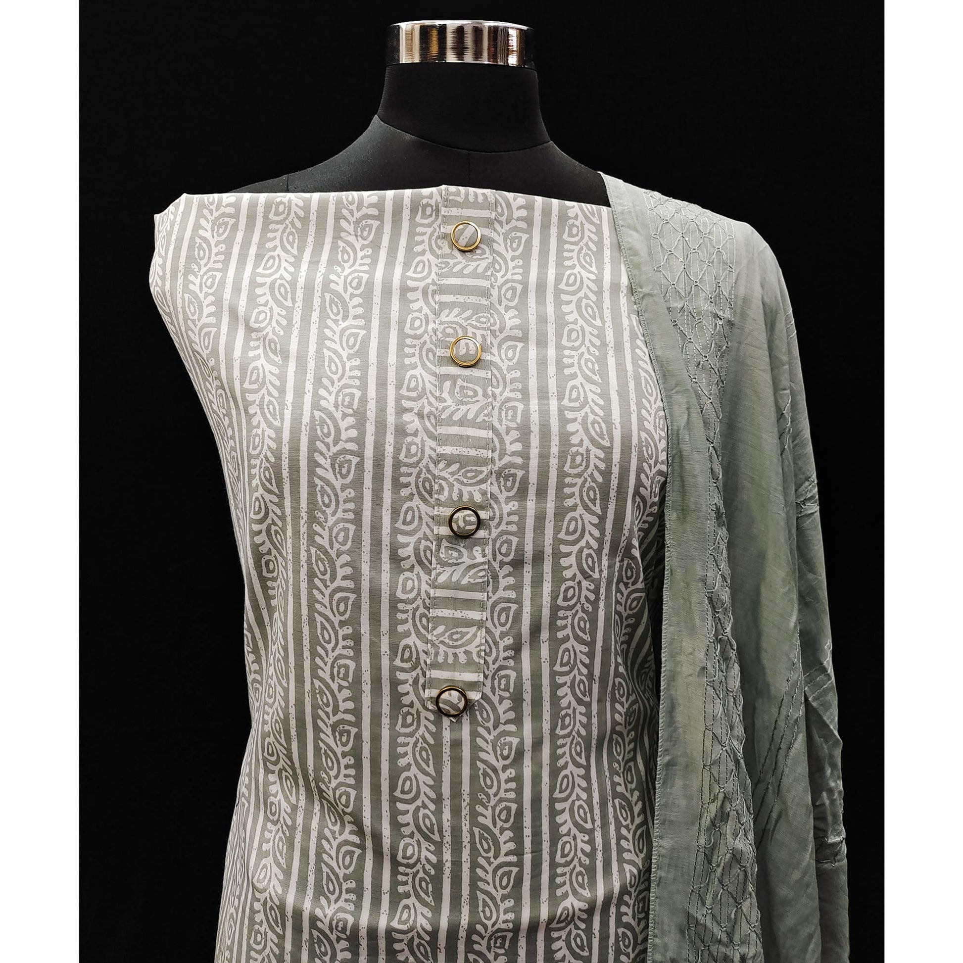 Grey Printed Pure Cotton Dress Material